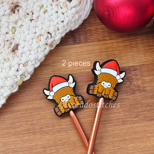 HOLIDAY HIGHLAND COW Stitch Stoppers / Knitting Needle Stoppers / Point Protection / Notions