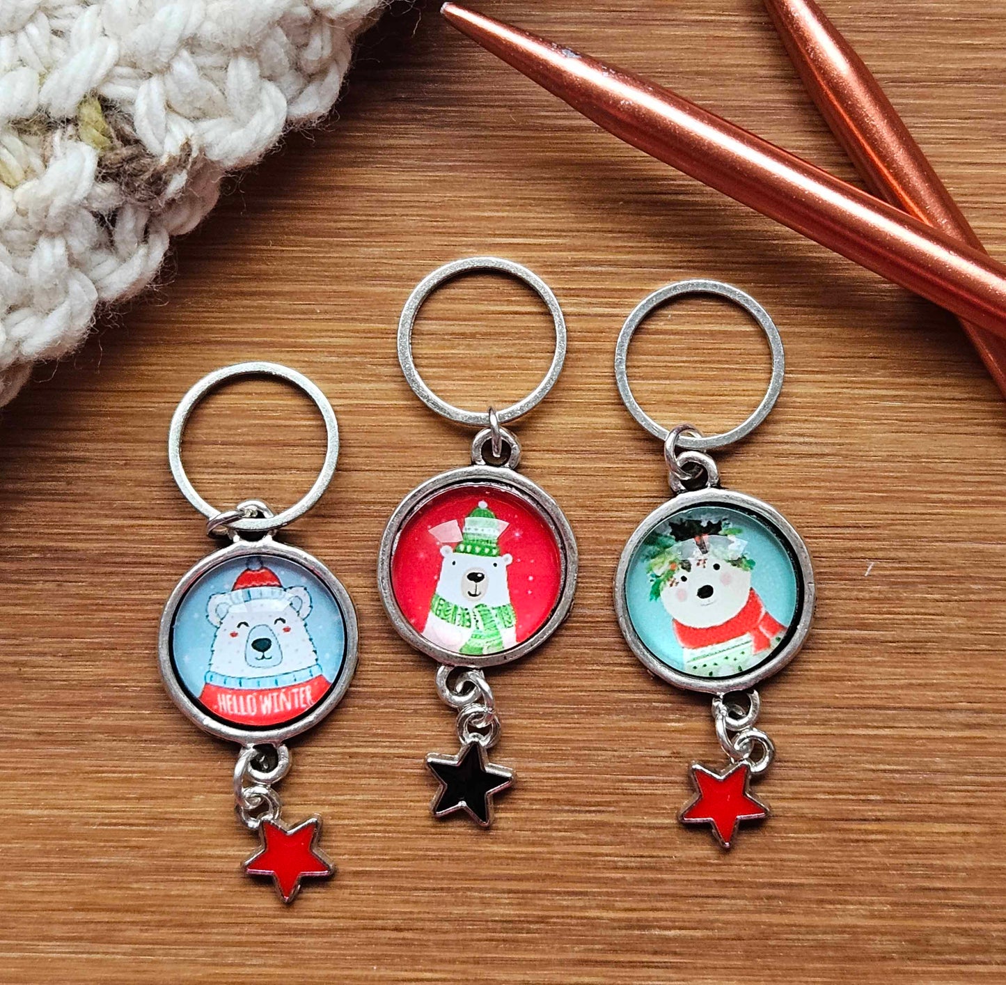 HOLIDAY BEARS - 3 pieces / Knitting Crochet Stitch Markers / Notions