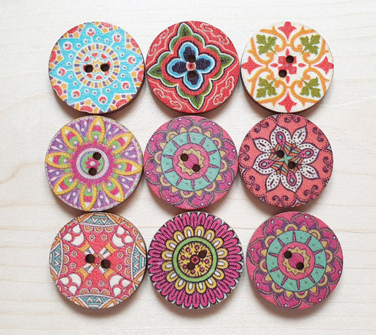 INDIAN MANDALA / 15-25mm / 8 buttons / Wooden Buttons / Sewing Buttons