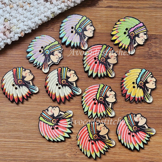 INDIAN HEAD / 8 buttons / Wooden Buttons / Sewing Buttons
