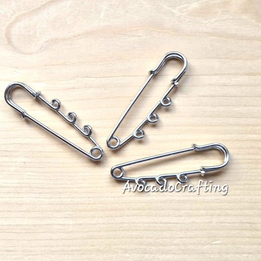 Stainless Steel / Safety Pins / 5 pieces / 50*15mm / 3 loops / Kilt Pins