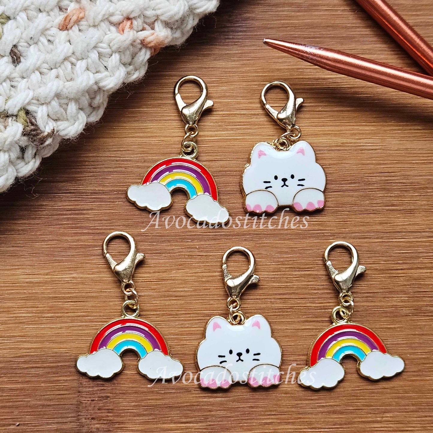 KITTENS & RAINBOWS - 5 pieces / Knitting Crochet Stitch Markers / Notions