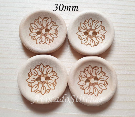 AvoDesigns LEAFY FLOWER / Unvarnished 2-Hole Wooden Buttons / 20mm 30mm
