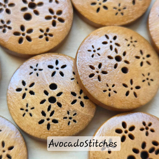 LITTLE FLOWERS / Brown 2-Hole Wooden Buttons / 20mm (Set of 6)