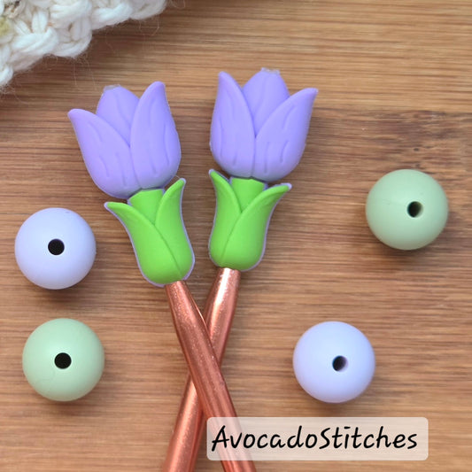 LITTLE VIOLET TULIP STITCH STOPPERS / Knitting Needle Toppers / Notions