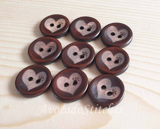 AvoDesigns LOVE PAW / Brown 2-Hole Wooden Buttons / 20mm (Set of 6)