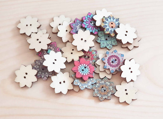 MANDALA STARFLOWERS / 20mm - 8 buttons / Wooden Buttons / Sewing Buttons