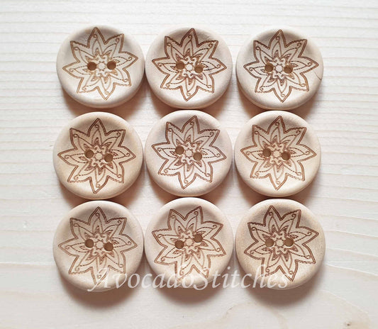 AvoDesigns MANDALA STARFLOWER / Unvarnished 2-Hole Wooden Buttons / 25mm (Set of 6)