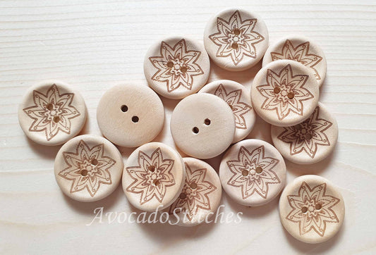 AvoDesigns MANDALA STARFLOWER / 25mm - 6 buttons / Wooden Buttons / Unvarnished / Sewing Buttons