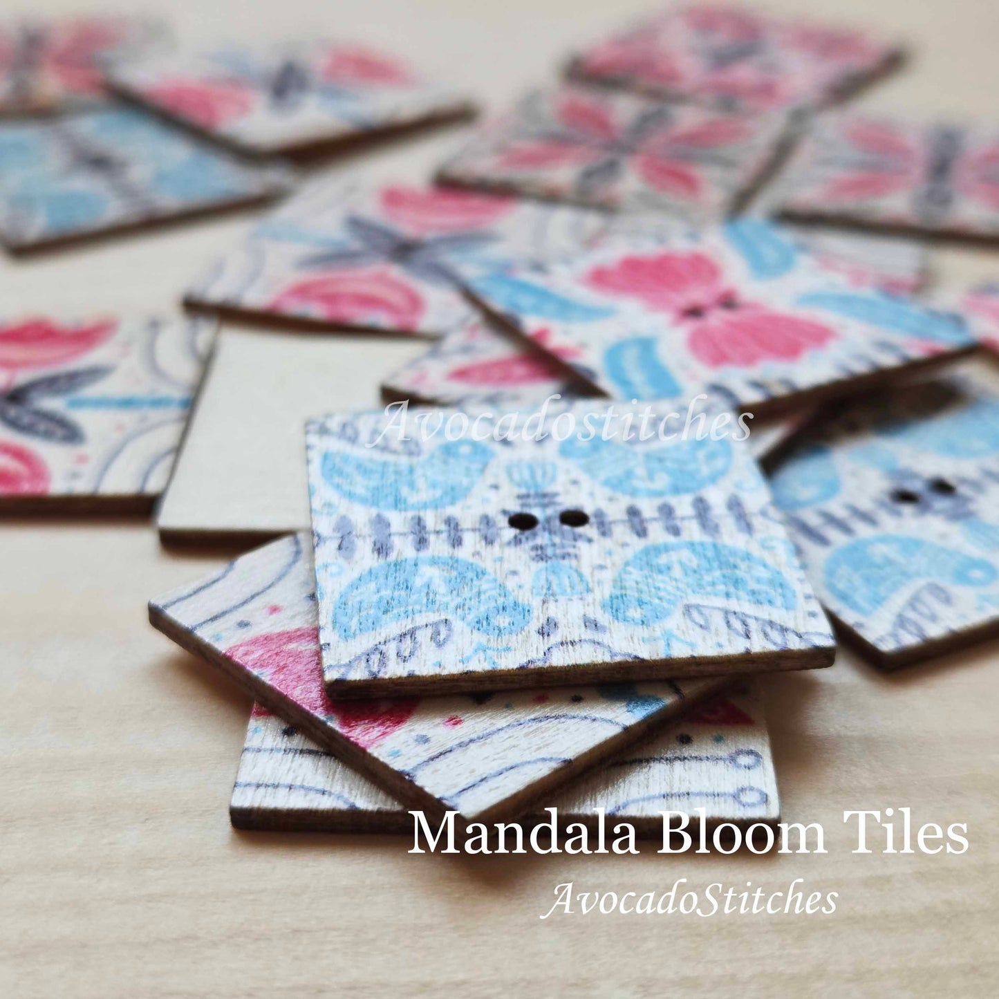MANDALA BLOOM TILES / 20-25mm / 8 buttons / Wooden Buttons / Sewing Buttons