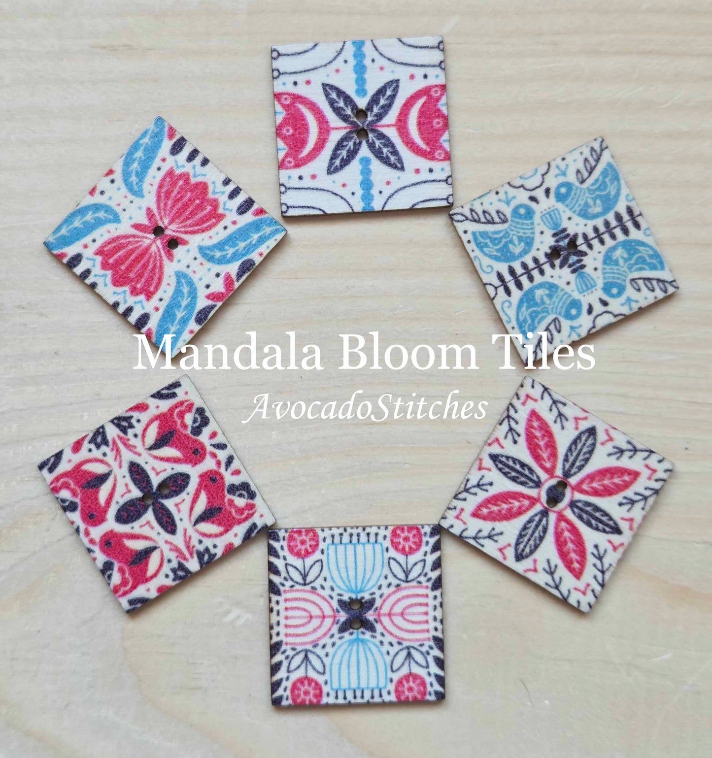 MANDALA BLOOM TILES / 20-25mm / 8 buttons / Wooden Buttons / Sewing Buttons
