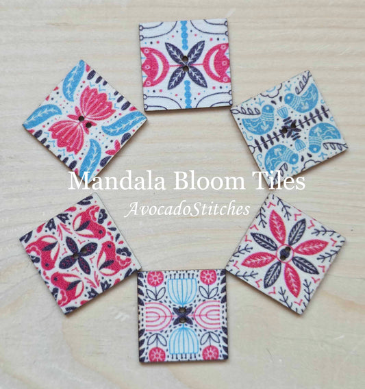MANDALA BLOOM TILES / Wooden Buttons / 20-25mm (Set of 10)