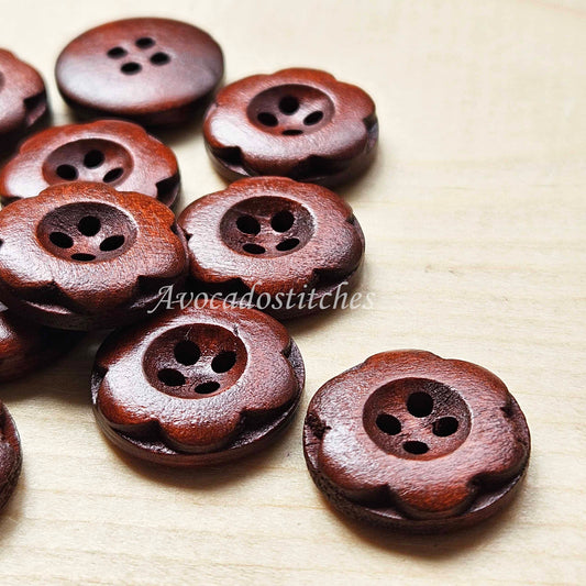 VINTAGE FLOWER Round Maroon Brown / 18mm - 6 buttons / Wooden buttons / Sewing Buttons