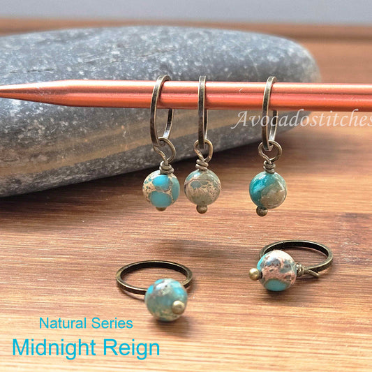 MIDNIGHT REIGN (Natural Stones) - 5 pieces / Knitting Crochet Stitch Markers / Notions