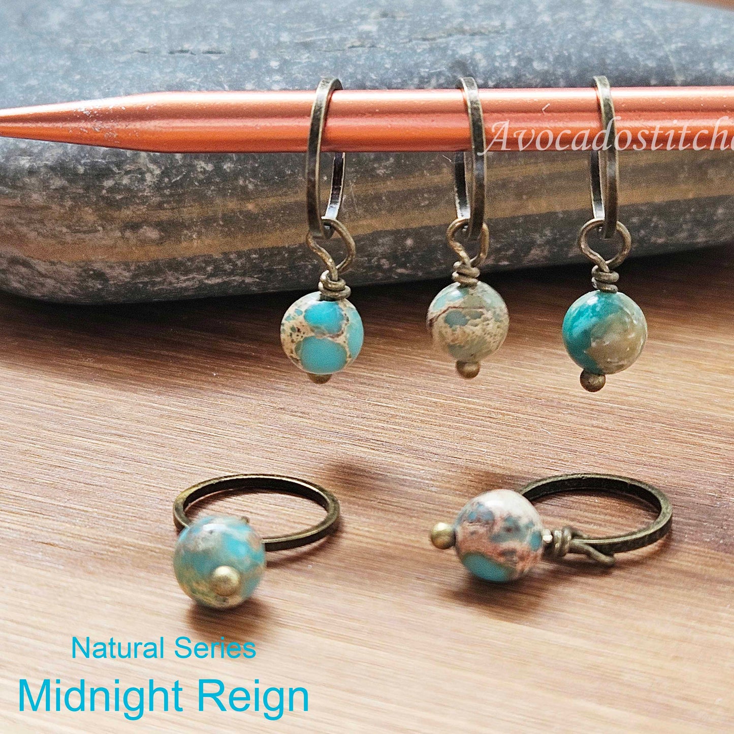 MIDNIGHT REIGN (Natural Stones) - 5 pieces / Knitting Crochet Stitch Markers / Notions