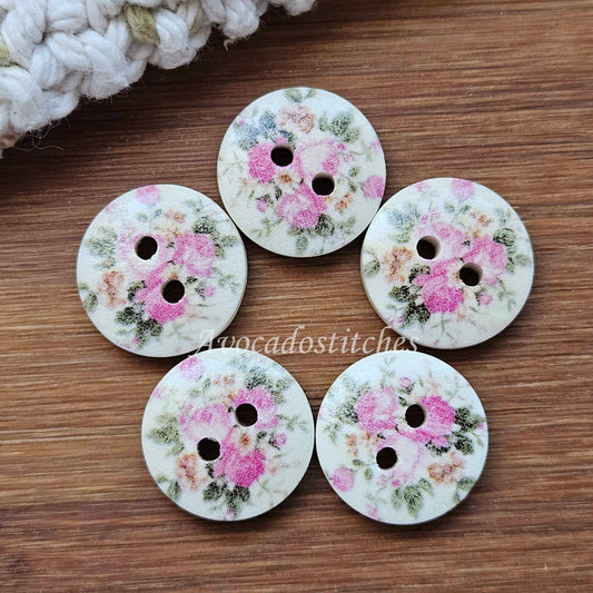 ROSES TRIPLETS / Wooden Buttons / 15mm (Set of 6)
