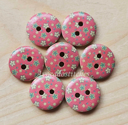 PINK BABY FLOWERS / Wooden Buttons / 15mm (Set of 6)