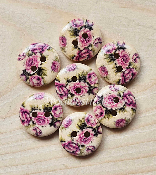 PURPLE ROSES / Wooden Buttons / 15mm (Set of 8)