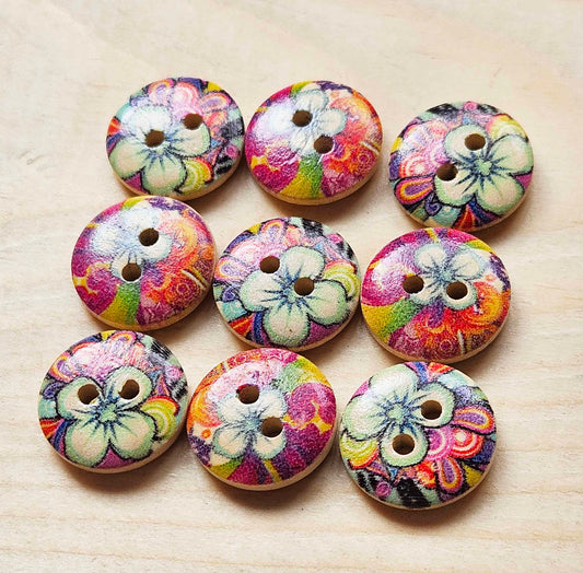 VIVID FLORALS / 15mm - 8 buttons / Wooden Buttons / Sewing Buttons (muliflower series)