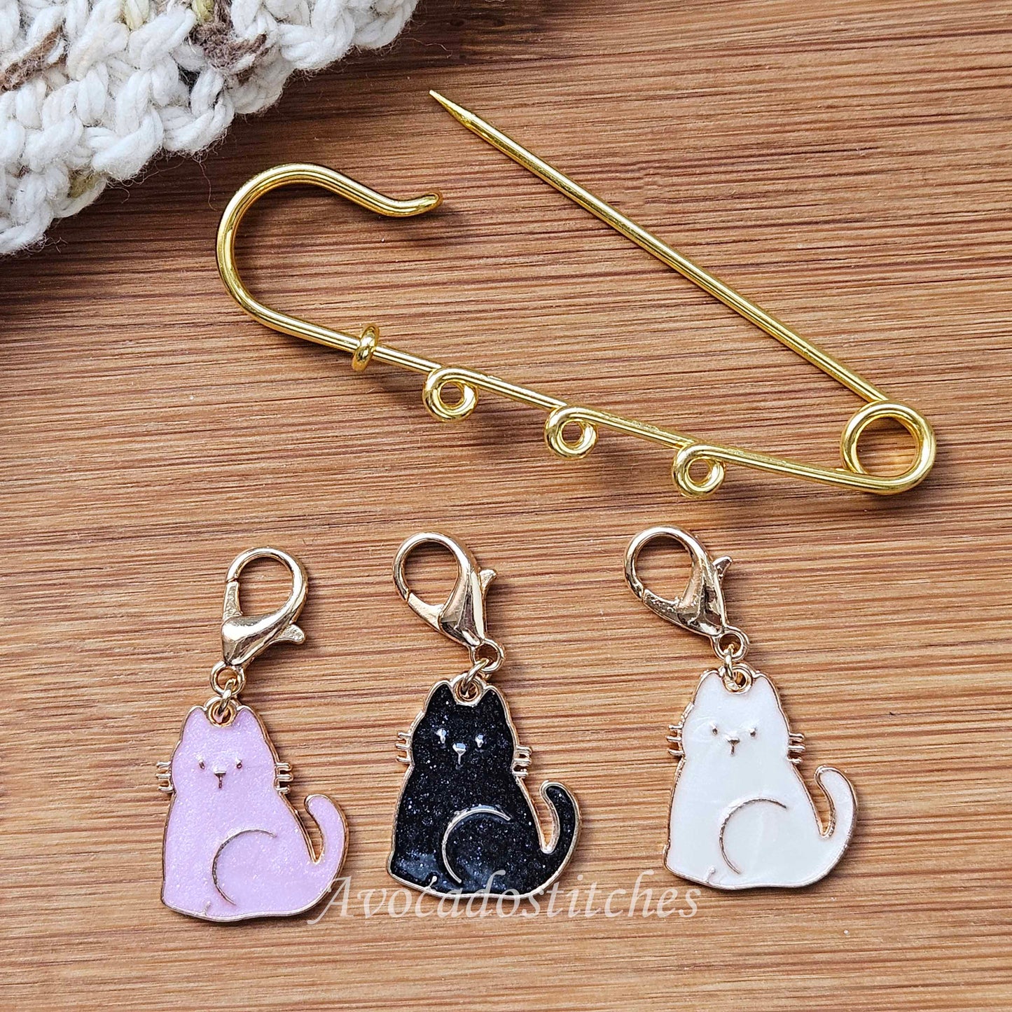 MYSTIC MEOWS – Stitch Marker and Holder Set / Set of 4 / Shawl Scarf Pin Brooch / Knitting Crochet Notion