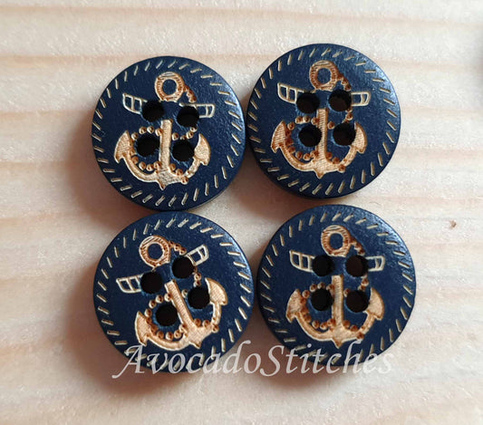 NAVY ANCHOR / Navy Blue 4-Hole Wooden Buttons / 15mm (Set of 8)