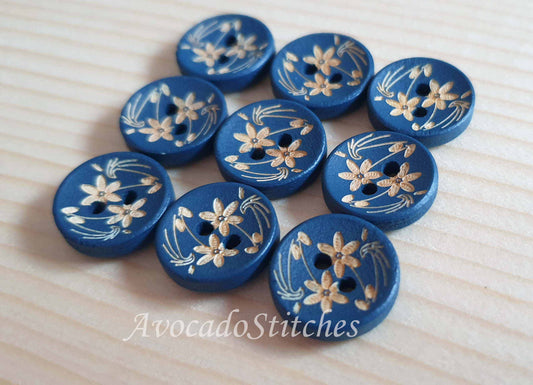 NAVY DAFFODIL / 15mm - 8 buttons / Dark Blue Wooden Buttons / Sewing Buttons