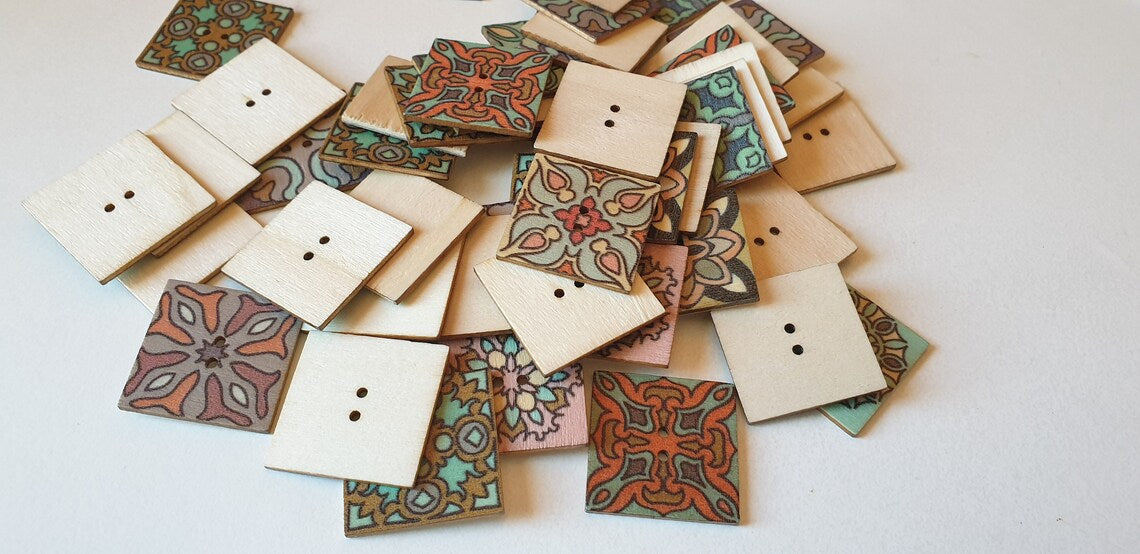PASTEL MANDALA TILE / 25*25mm / 8 buttons / Wooden Buttons / Sewing Buttons