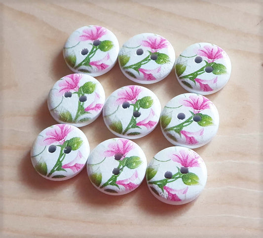 PASTEL PINK FLORAL / 15mm / Wooden Buttons / Sewing Buttons