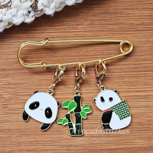 PANDA PARADE - Stitch Marker and Holder Set / Set of 4 / Shawl Scarf Pin Brooch / Knitting Crochet Notion