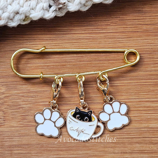 PAWS & CUP – Stitch Marker and Holder Set / Set of 4 / Shawl Scarf Pin Brooch / Knitting Crochet Notion