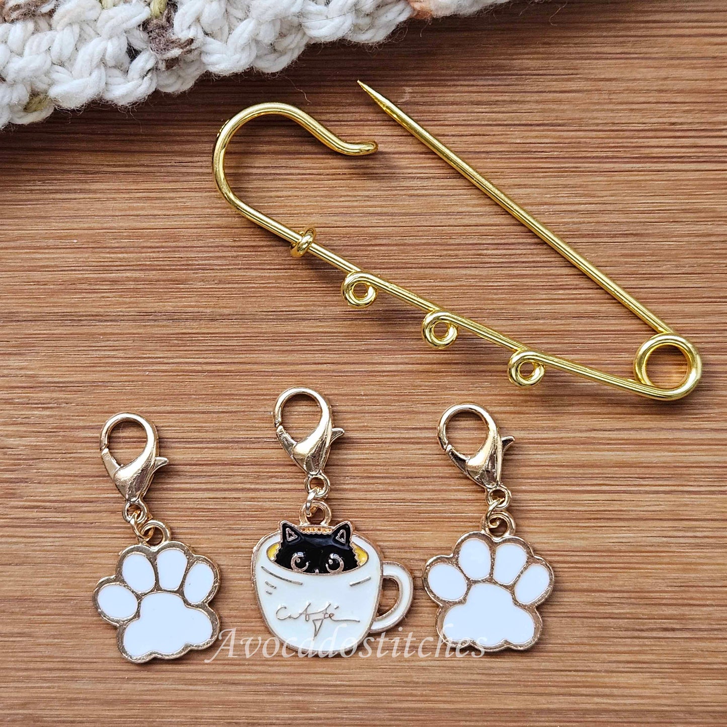 PAWS & CUP – Stitch Marker and Holder Set / Set of 4 / Shawl Scarf Pin Brooch / Knitting Crochet Notion