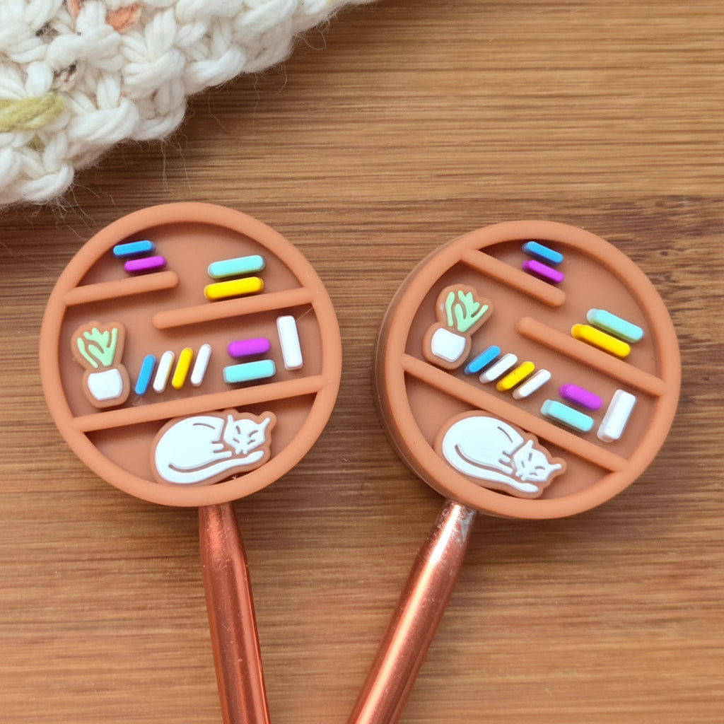PEEK-A-PURR BOOKSHELF STITCH STOPPERS / Set of 2 / Knitting Needle Toppers / Notions