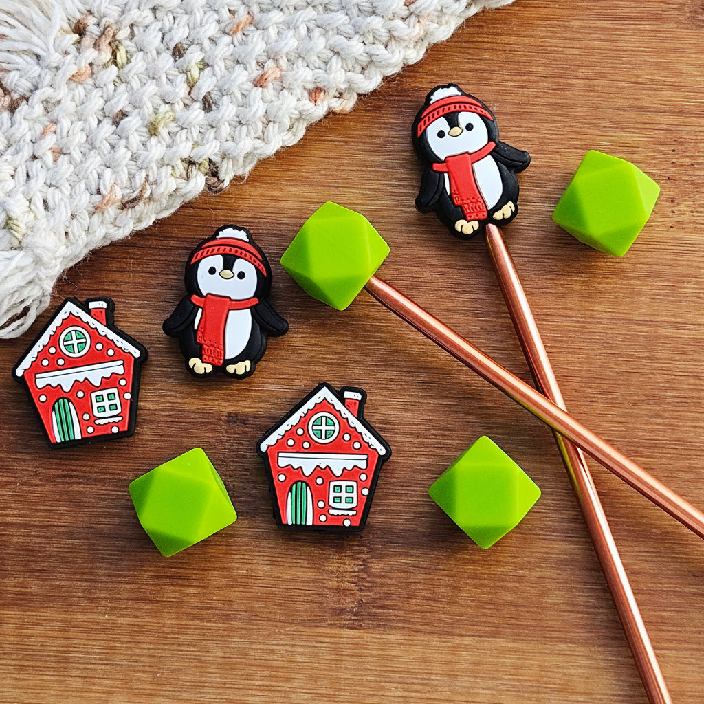 PENGUIN WONDERLAND STITCH STOPPER GIFT SET / 8 pieces / Knitting Needle Toppers / Notions
