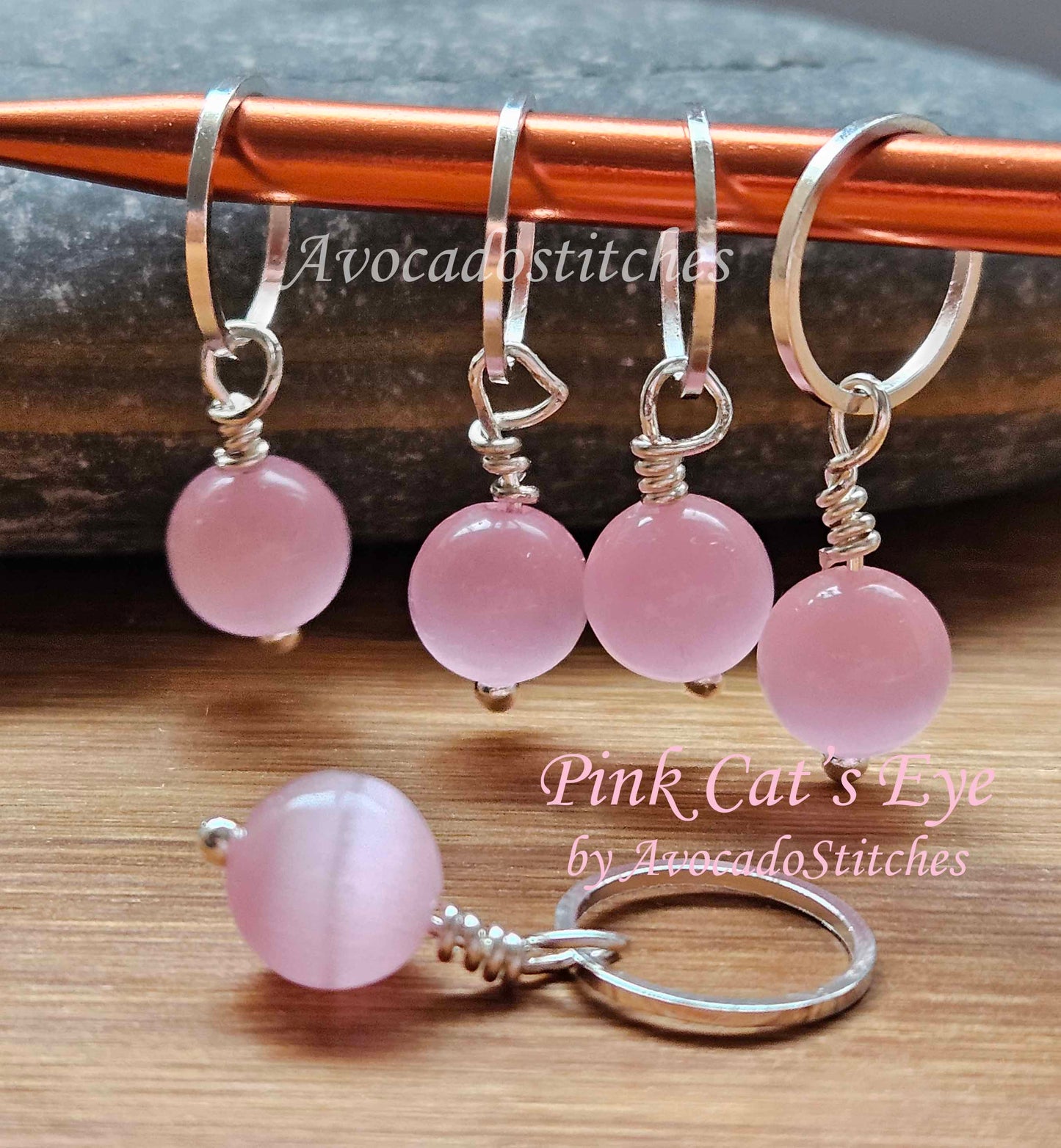 PINK CAT'S EYE Glass Stone (Natural Stones) - 5 pieces / Knitting Stitch Markers / Notions