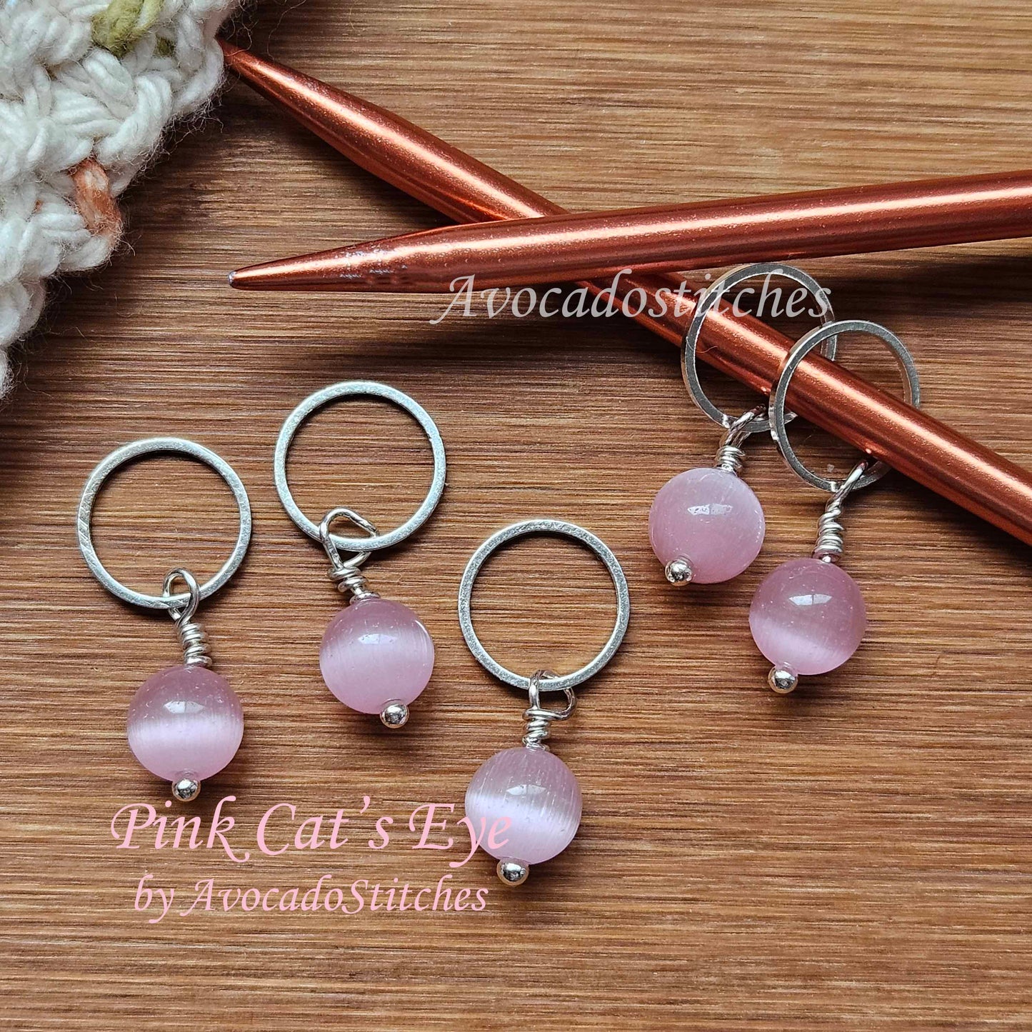 PINK CAT'S EYE Glass Stone (Natural Stones) - 5 pieces / Knitting Stitch Markers / Notions