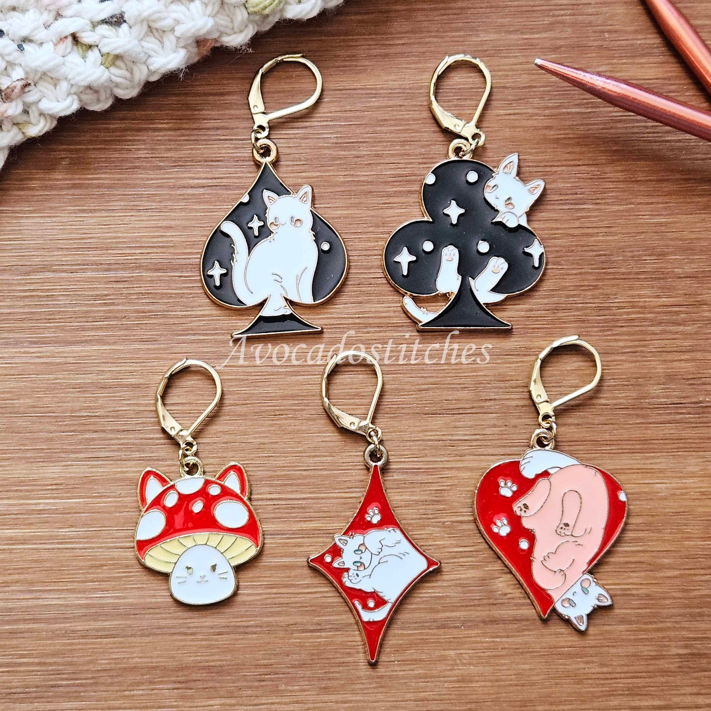 POKER CATS - 5 pieces / Knitting Crochet Stitch Markers / Notions