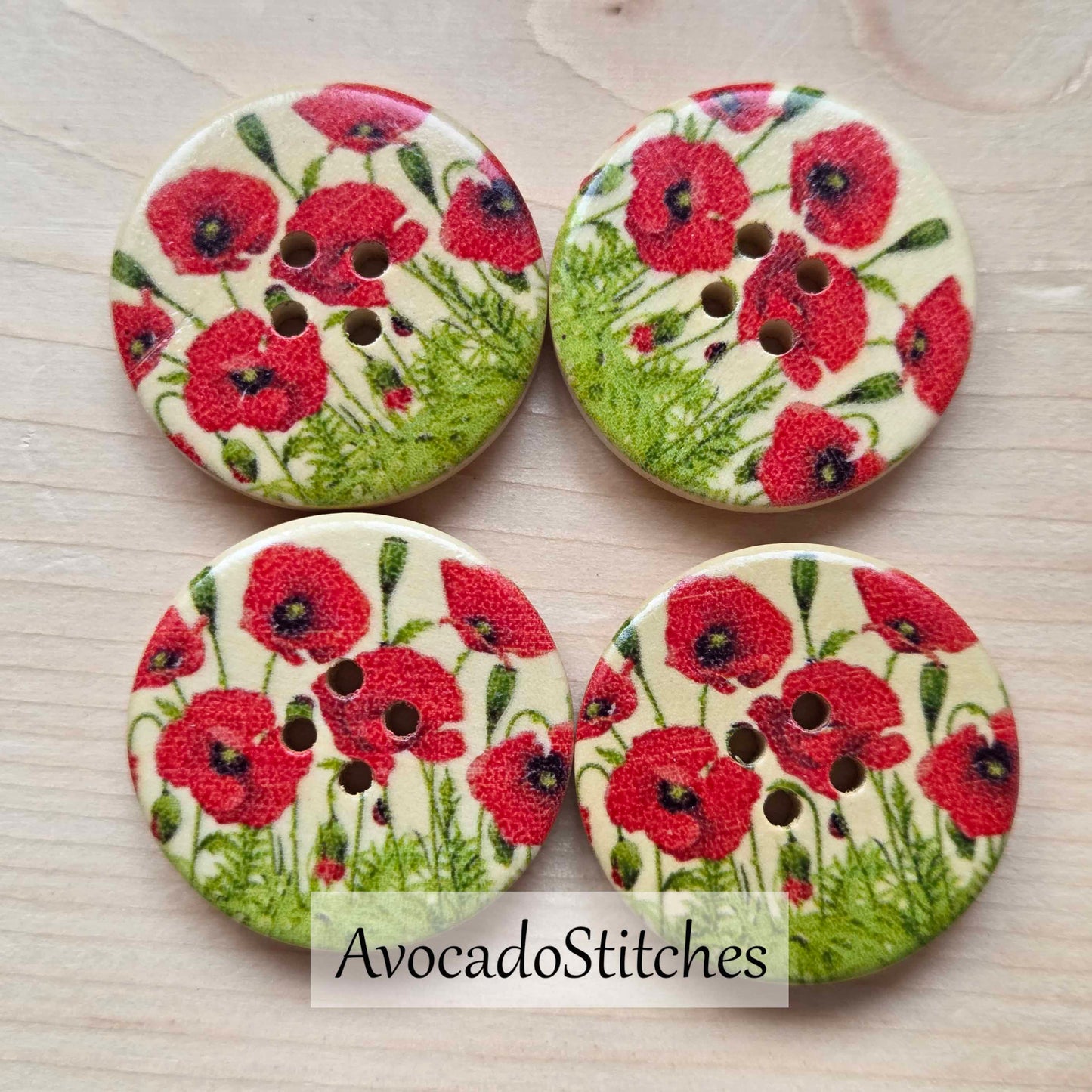 RED POPPY FLOWER / 30mm - 6 buttons / Wooden Buttons / Sewing Buttons