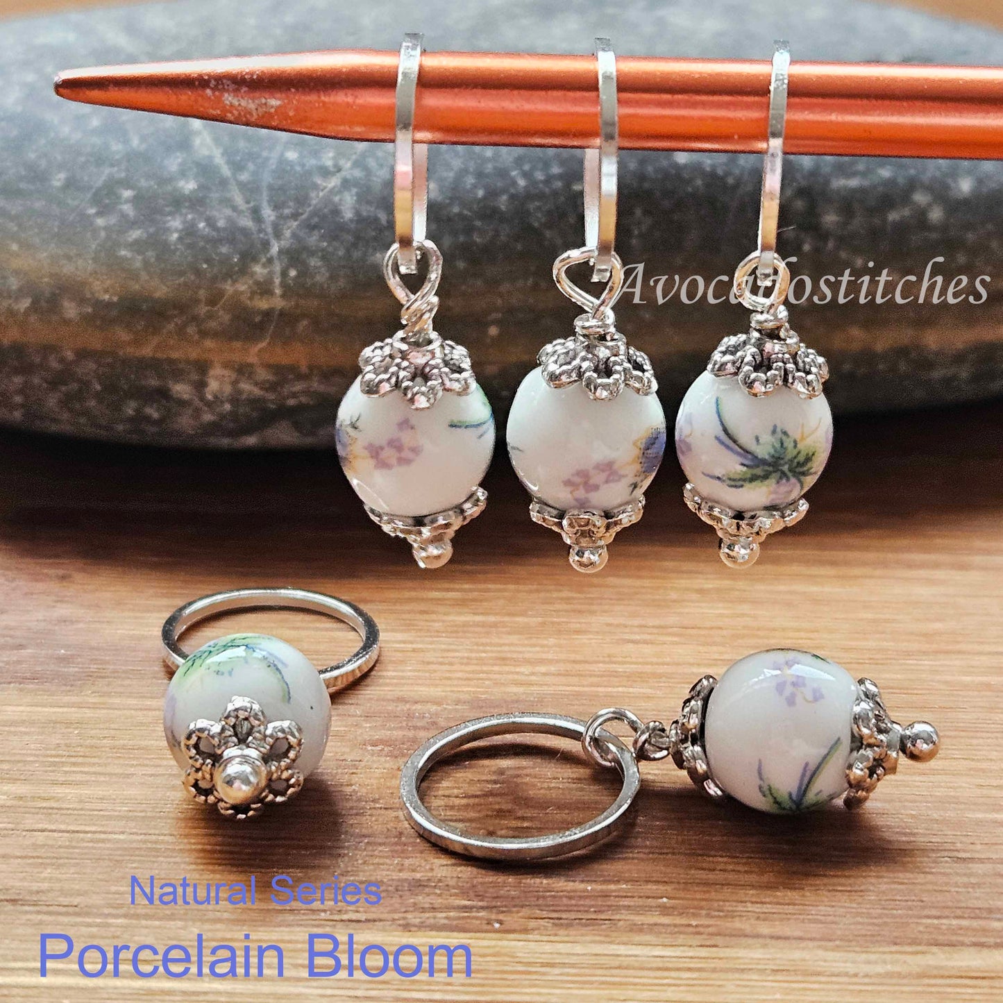 PORCELAIN BLOOM (Ceramic Stones) - 5 pieces / Knitting Crochet Stitch Markers / Notions