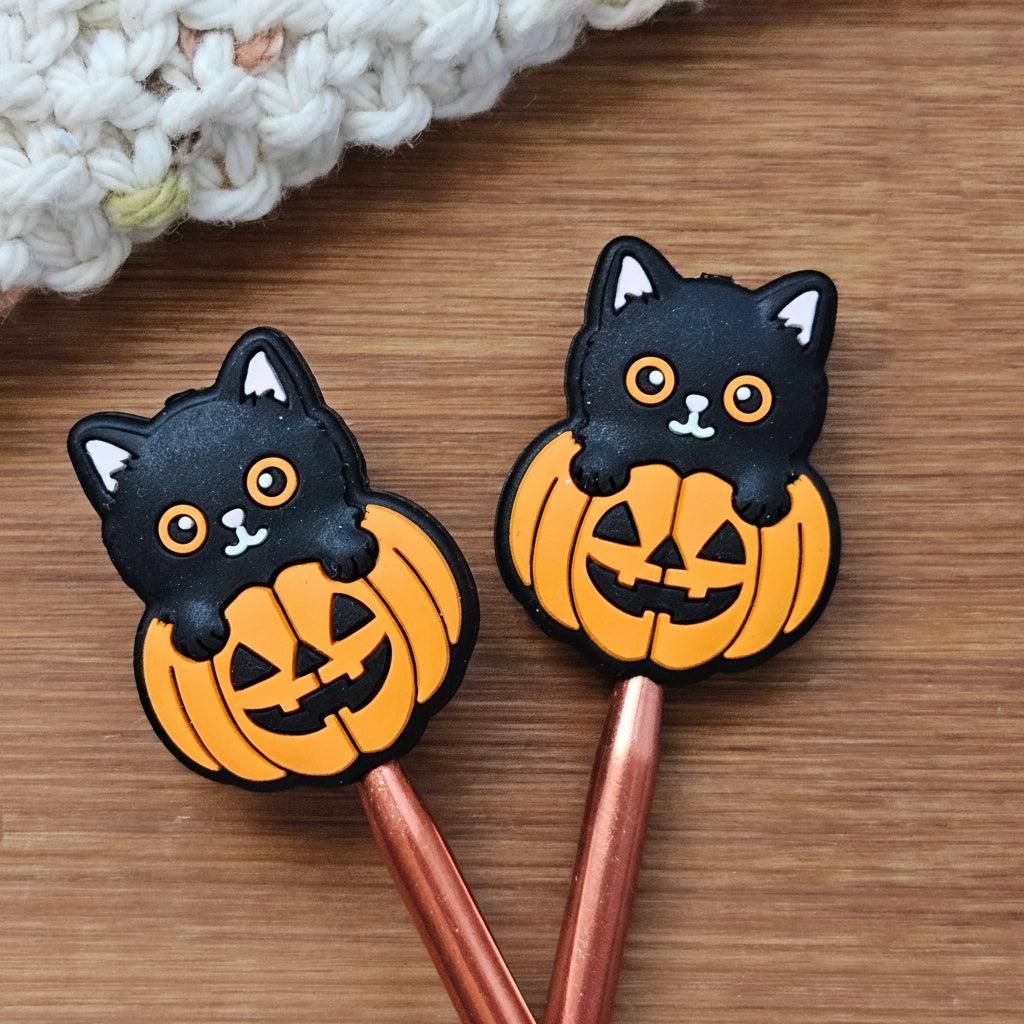Clearance // PUMPKIN & PURRS STITCH STOPPERS / Knitting Needle Toppers / Set of 2 / Notions