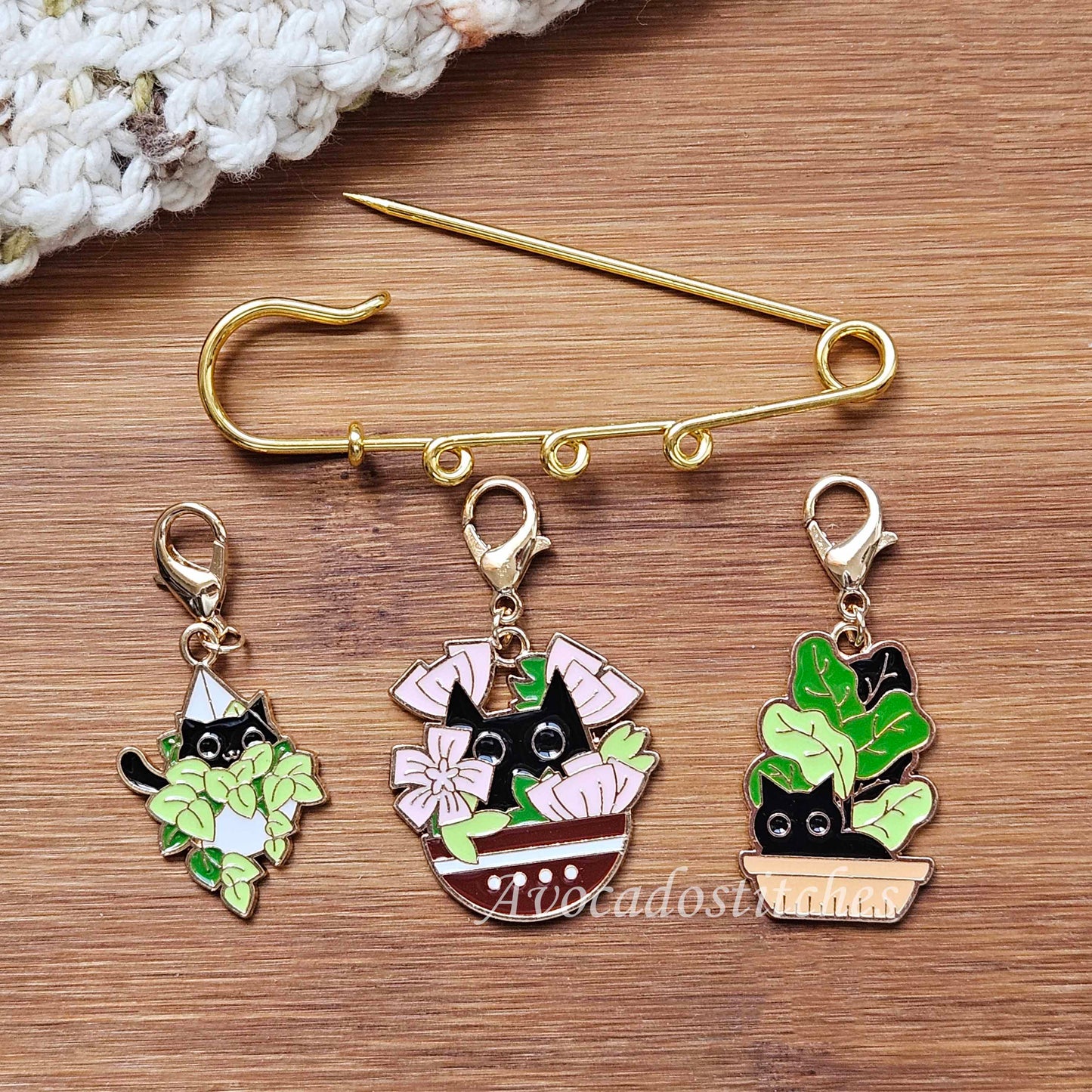 PURRFECT POTS – Stitch Marker and Holder Set / Set of 4 / Shawl Scarf Pin Brooch / Knitting Crochet Notion