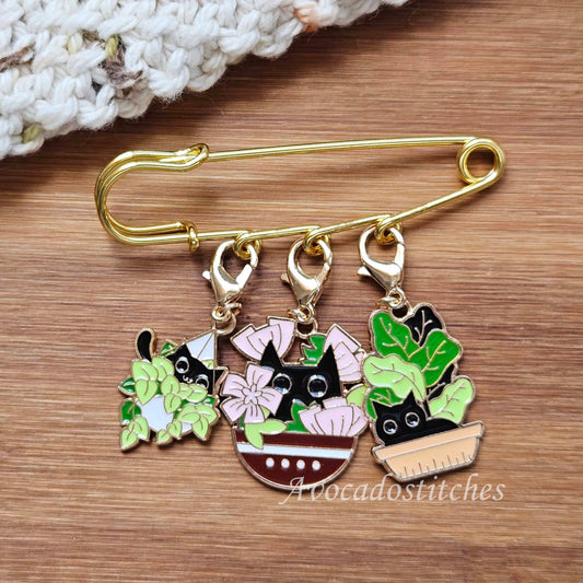 PURRFECT POTS – Stitch Marker and Holder Set / Set of 4 / Shawl Scarf Pin Brooch / Knitting Crochet Notion