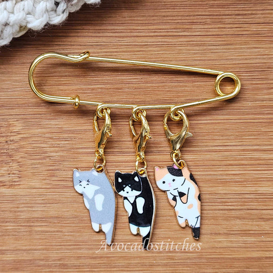 PURRFECTLY HUNG – Stitch Marker and Holder Set / Set of 4 / Shawl Scarf Pin Brooch / Knitting Crochet Notion