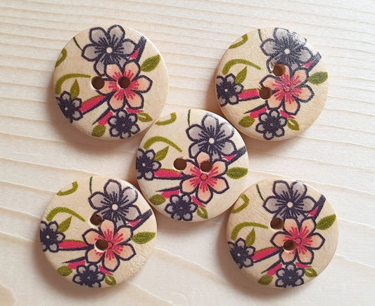 TWIN FLOWERS / 23mm / Set of 6 buttons / Wooden Buttons / Sewing Buttons