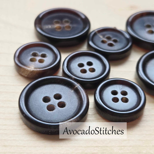 BUFFALO HORN Classic 4-Hole Dark Brown / 15-20mm / Set of 4 buttons / Real Horn Buttons / Natural Sewing Buttons