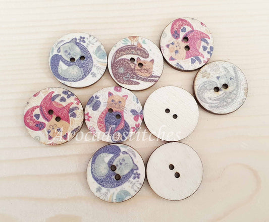 CAT ART / 15-25mm / 8 buttons / Wooden Buttons / Sewing Buttons