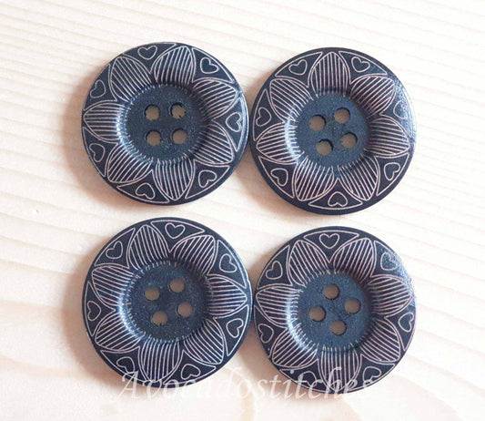 RETRO FLOWER BLACK / 35mm 40mm / Set of 2 buttons / Wooden Buttons / Sewing Buttons