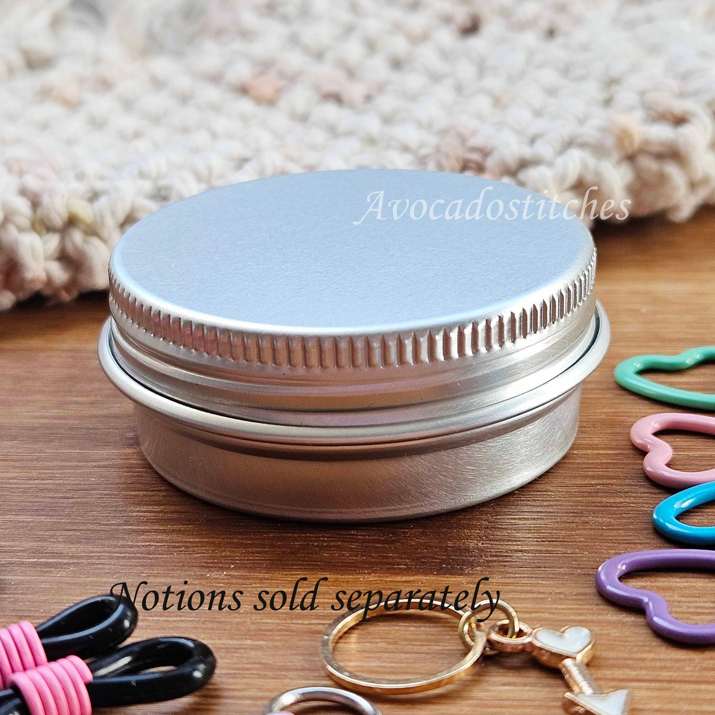 ALUMINIUM SCREW TOP Round Notion Storage Tin / Storage for Knitting Crochet Sewing Notions / Stitch markers Storage / Notion Storage