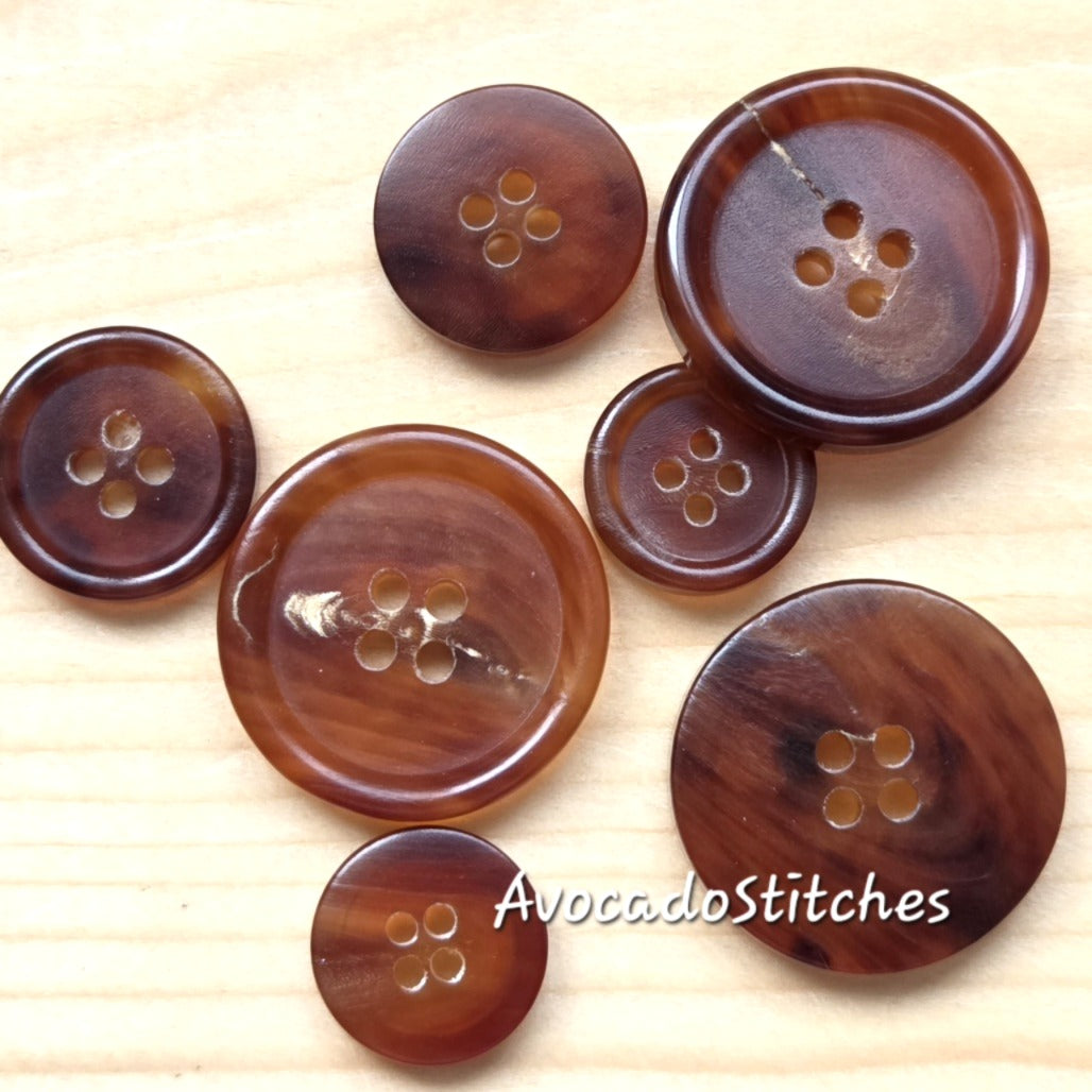RUSTIC HORN 4-Hole Light Brown Buffalo Horn Buttons / 15-25mm / Set of 4 buttons / Real Horn Buttons / Natural Sewing Buttons