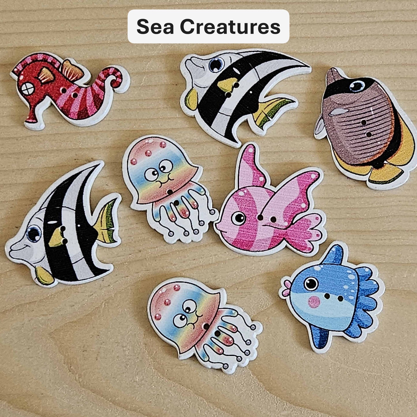 Clearance // SEA CREATURES / 8 buttons / Wooden Buttons / Sewing Buttons