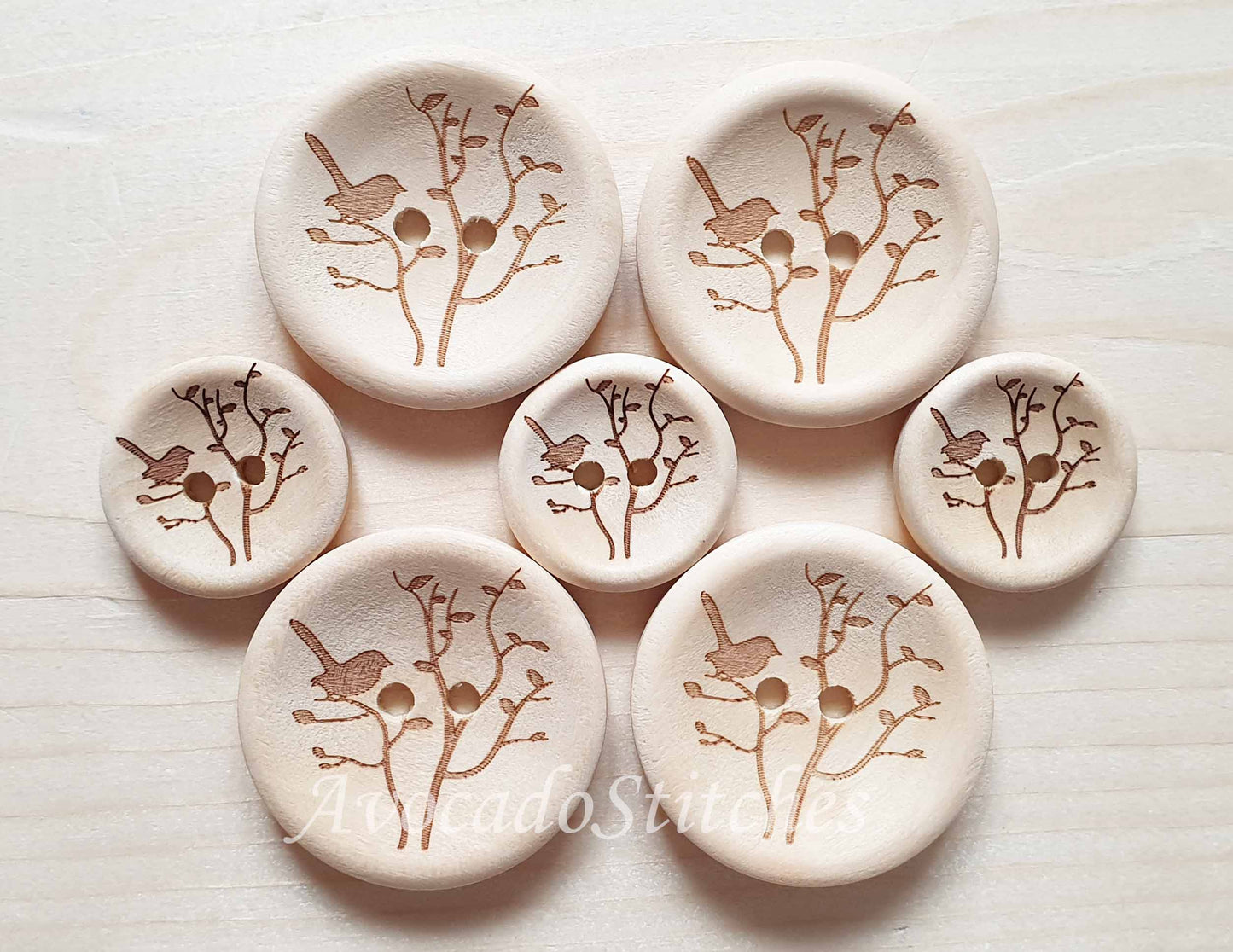 AvoDesigns SERENITY GARDEN / Unvarnished 2-Hole Wooden Buttons / 18mm 20mm 30mm